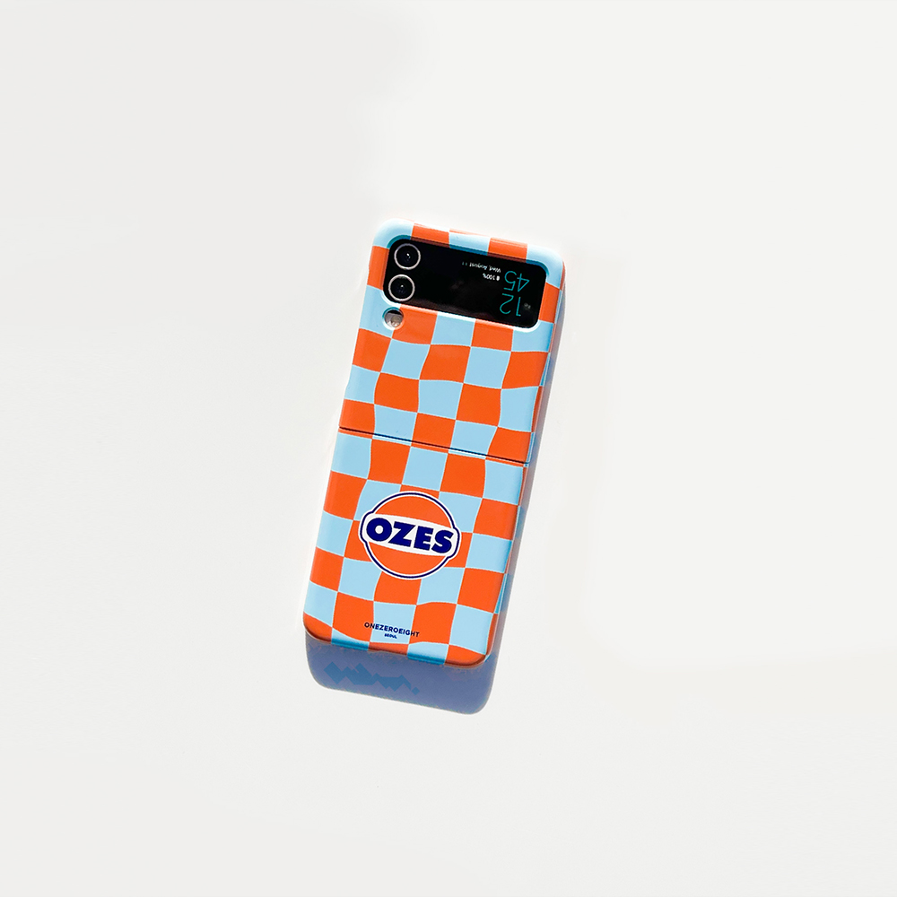 108seoul[Galaxy Z Flip] 108 CHECKER BOARD_blue orange_ozes_down(glossy-slim-hard)